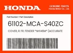 Honda Genuine Cover, Fr. Fender *NH146M* (accurate Silver Metallic) -. Fixed Price $52.83.